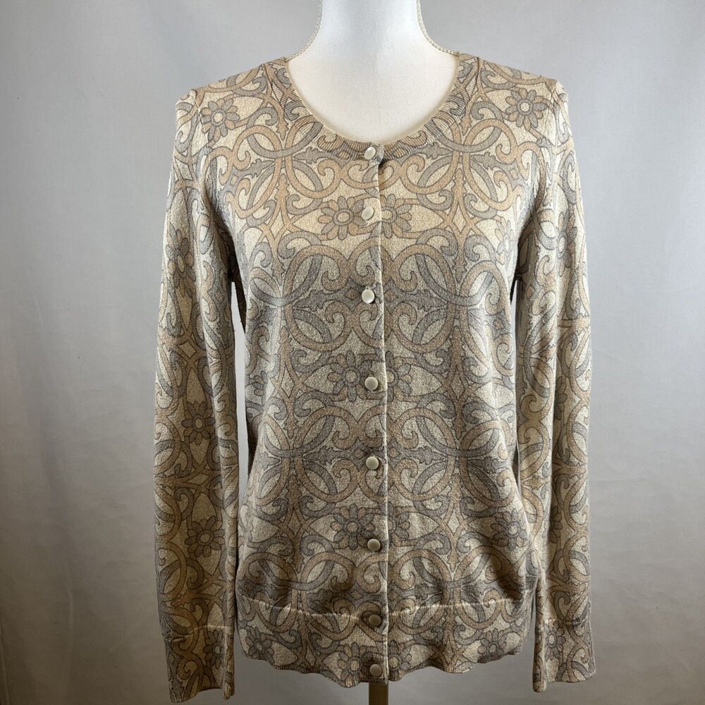 Talbots Black Label Gold/Silver Metallic Scroll Cardigan Sweater Women's Size M